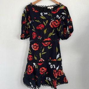 Olivaceous Boho Floral Short Sleeve Mini Knee Length Dress Crochet Insets Size M